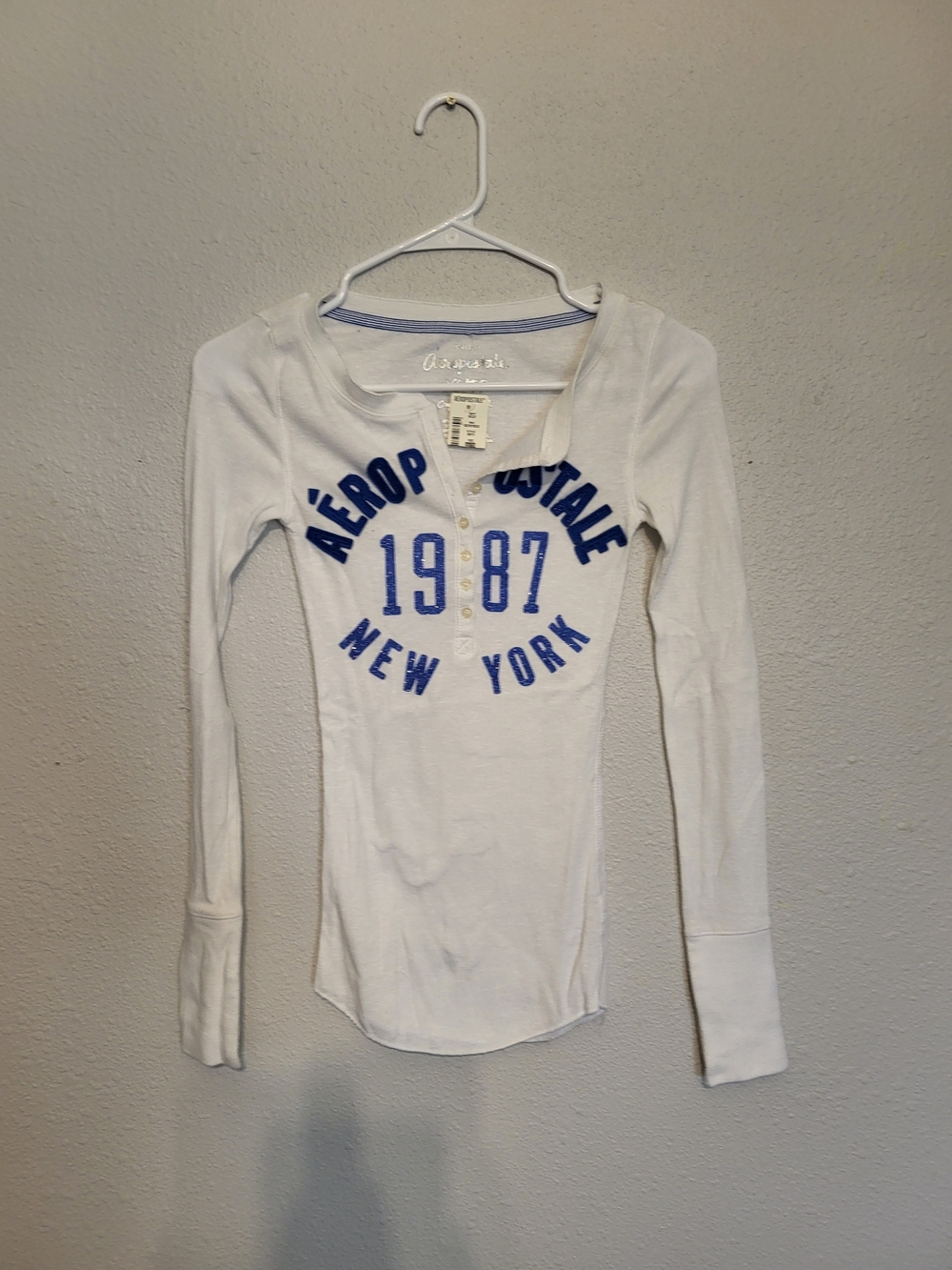 Aeropostale White Long-Sleeve Henley Tee with Blue Logo